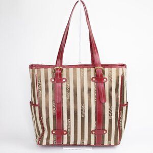 Isaac Mizrahi Striped Logo Tote Bag with Red Faux Leather Trim